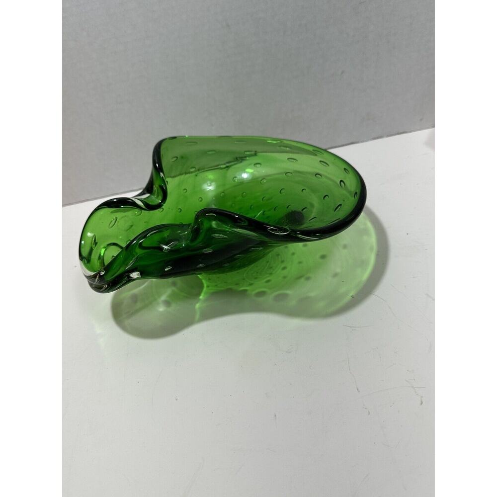 Murano Art Glass Bowl‎ Green Controlled Bubbles Bullicante Dish Bowl Gorgeous